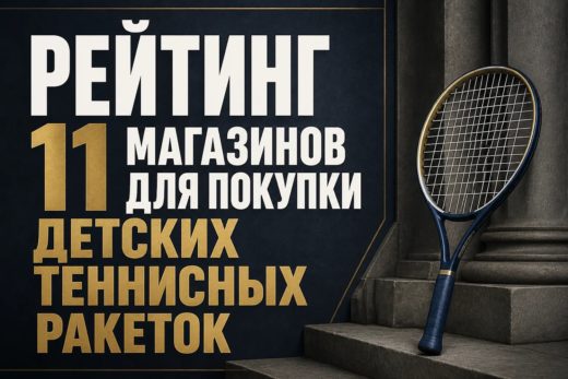 Теннисная ракетка стоит на каменных ступенях рядом с темной стеной с текстом о рейтинге магазинов